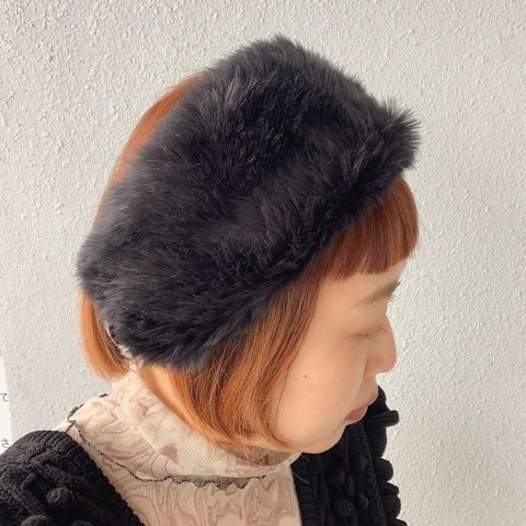 【BLACK】上質eco fur × T-shirt turban   / 頭が痛くならない モコモコ　エコファーターバン　ヘアバンド