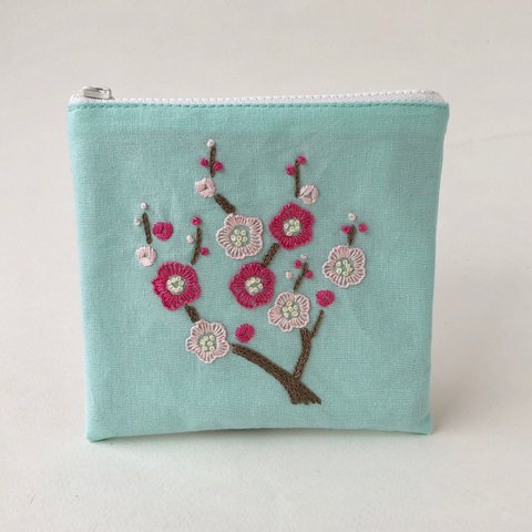 手刺繍ポーチ「梅・ミント」