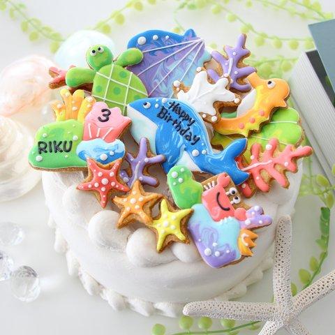 アイシングクッキー　海の生き物　☆彡　誕生日ケーキ　くじら　深海　マリン　夏　カラフル　デコレーション　飾り　名入れ　　