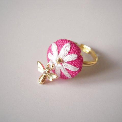 花刺繍とミツバチの指輪_#205_flower & bee ring<pink/gold>