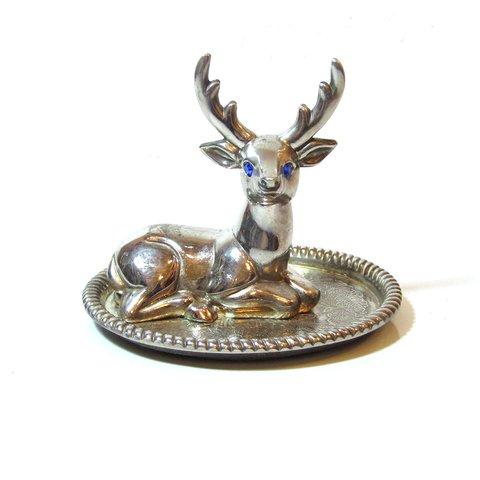 70s Vintage France Blue eyes Rhinestone Deer Jewelry Holder