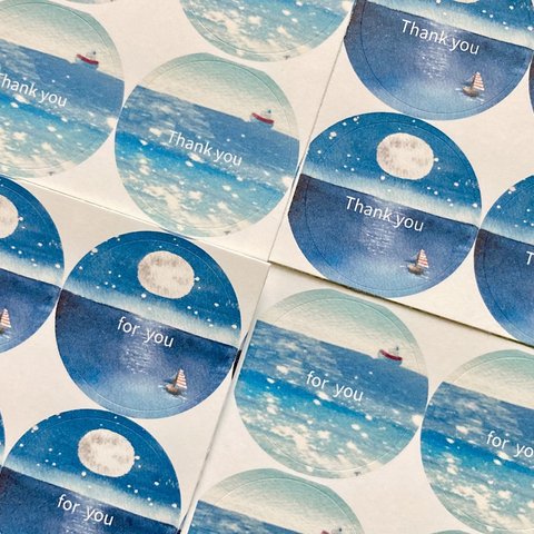 🌕「海と満月の透明水彩画北欧イラストシール 」48枚 サンキューシール for youシール　丸シール ラッピング　月🌕