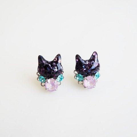 【春限定】◇花曇り◇黒猫とビジューが輝くピアス/イヤリング