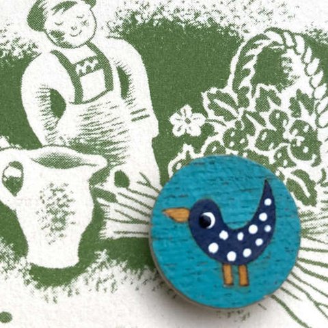 ドイツデザイン ウッドボタン 青い鳥さん 水玉 ブルー 小鳥JK 2720　バード
