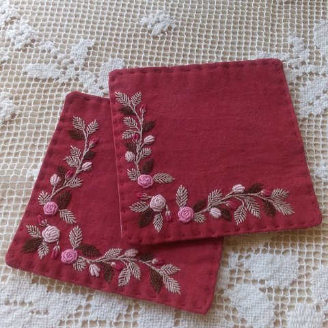 ✨手刺繍コースター2枚セットD✨薔薇🌹✨