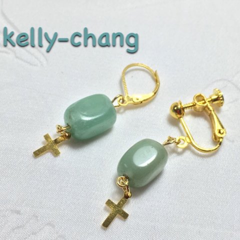 ［Powerstone］Aventurine quarts cuboid shape & cross earrings gold colorless