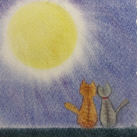 【原画】パステルアート 満月と猫