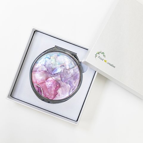 天然貝 コンパクトミラー（マーブル・スウィート）シェル 螺鈿アート｜プレゼント・ギフトにおすすめ