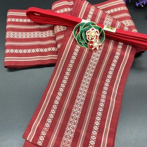 【クリスマス企画】2917半幅帯＆水引細工帯留め 絹帯締め 博多織