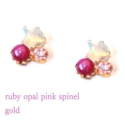 Ruby & Pink Spinel & Opal Earrings