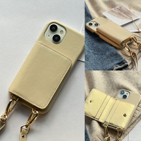 本革 スマホショルダー　バイカラー　ショルダー付き 背面収納カード 名前入れ レザーiphoneケース　ivory+gold