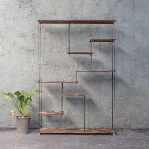 wood iron shelf 1340*910*225〈ブラウン〉　アイアン 棚 ラック シェルフ 鉄 木 収納棚 ウォールシェルフ オープンラック 両面棚 段違い棚 デイスプレイ