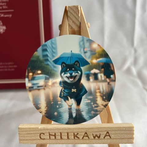  柴犬防水ステッカー 雨の日のお散歩くろしば☔️AIイラスト シール ステッカー カーステッカー ヘルメット バイク