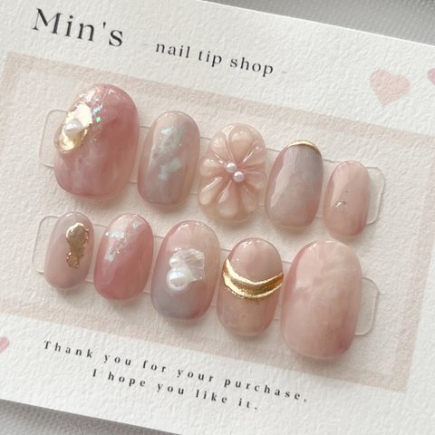 14  ピンクニュアンスネイル　ネイルチップ　ピンクネイル　春ネイル　春色ネイル　ニュアンスネイル　ぷっくりフラワーネイル　もやもやネイル　うるうるネイル　入学式　ウエディングネイル　結婚式