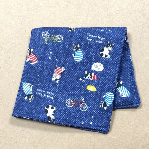 (刺繍名入れ可 )犬② フレンチブルちゃん　紺　ガーゼハンカチ　 24ｘ24