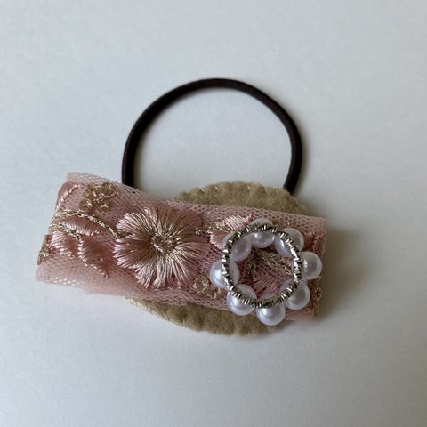 インド刺繍リボンのヘアゴム(ピンク)