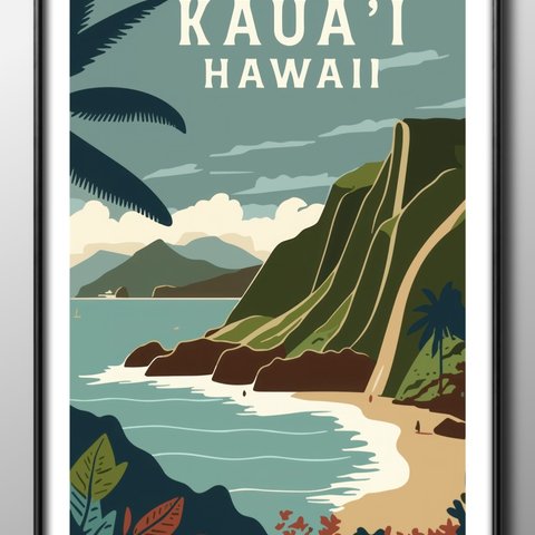 14511■A3アートポスター『ハワイ　Hawaii　カウアイ島　ビーチ　海』絵画　イラスト　デザイン　北欧　マット紙