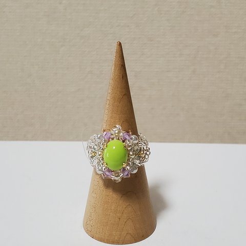 スワロフスキー×カボション・イエローグリーン・メタル・Ring