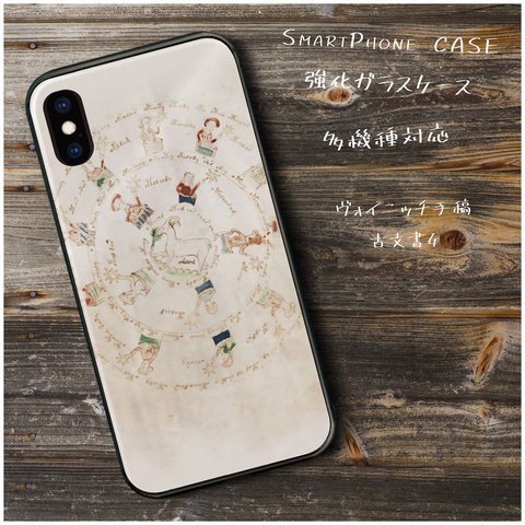 ガラスケース【 ヴォイニッチ手稿 古文書4】スマホケース 名画 絵画 レトロ ストラップホール iPhoneX iPhone11 11pro SE2 第二世代