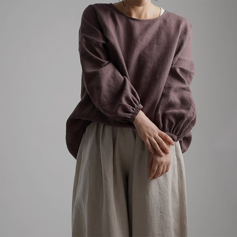 Linen Top ふんわり袖ガゼットブラウス / 小豆色(あずきいろ) t011e-azk2