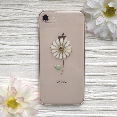 《iPhone全機種対応》一輪の小さなお花のiPhoneケース(ホワイト、白)(スマホケース)〈花柄〉クリアケース