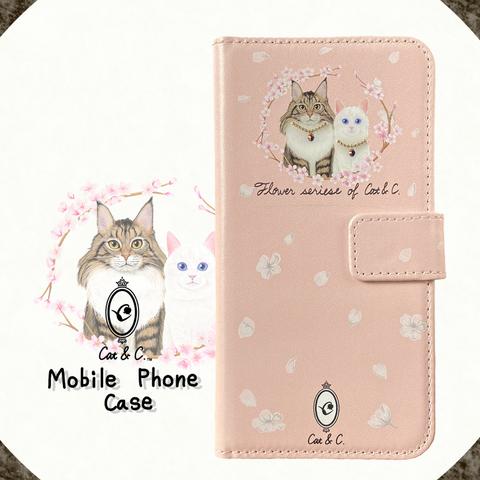 首輪をつけた猫の 手帳型スマホケース 桜ver. ~フラワーシリーズ of Cat&C. ~