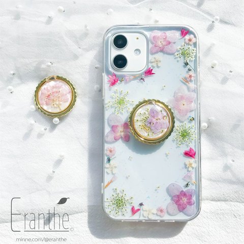 「スマホリング付き」フレッシュな香りが漂う 押し 花 スマホケース　全機種対応