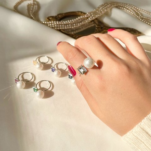 Crystal Pearl ring💍シルバー