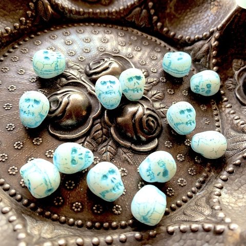 【6コセット】JIRI＊IVANA#czech beads#チェコビーズ　skull おまめさん骸骨💀12✖️9㍉　white/blue