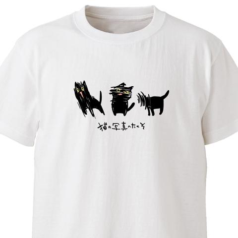 猫の写真へたくそ（三匹）【ホワイト】ekot Tシャツ <イラスト：タカ（笹川ラメ子）>