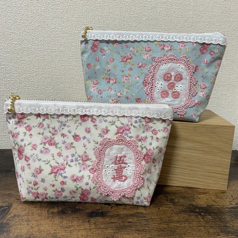 小さな薔薇柄とレースの麻雀刺繍ポーチ(マチ付き) ￥2000→1600