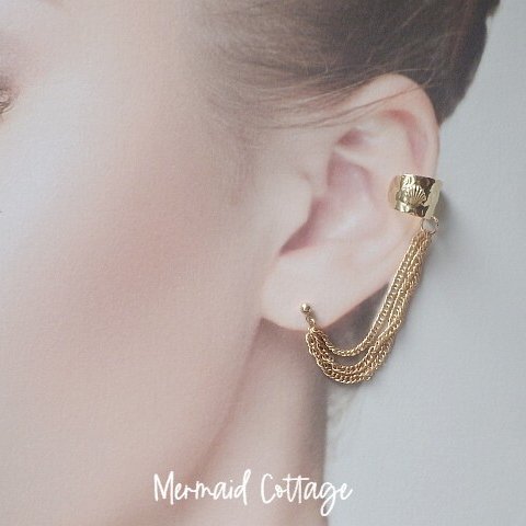 Hammered Gold Ear Cuff ゴールド3連チェーン☆イヤーカフ＆ピアス☆シェル