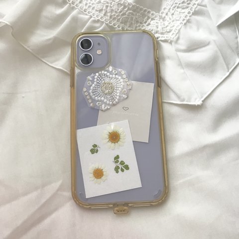 【ラスト1点】押し花 インド刺繍リボン ショップカード インナーシート スマホケース スマホカバー iPhoneケース クリアケース ノースポール グリーン