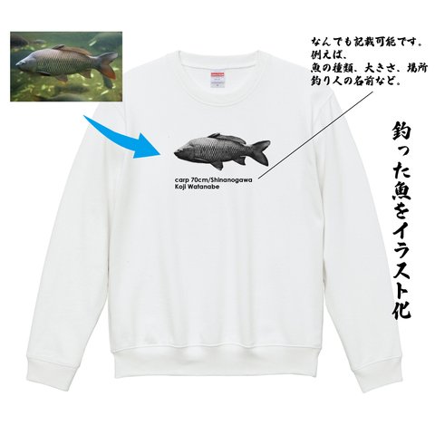 魚 釣り 魚拓のかわり オリジナル スウェット パーカー【名入れ】 ブラックバス ヘラブナ グッズ オーダー tシャツ 写真 イラスト 加工 鯉 シーバス