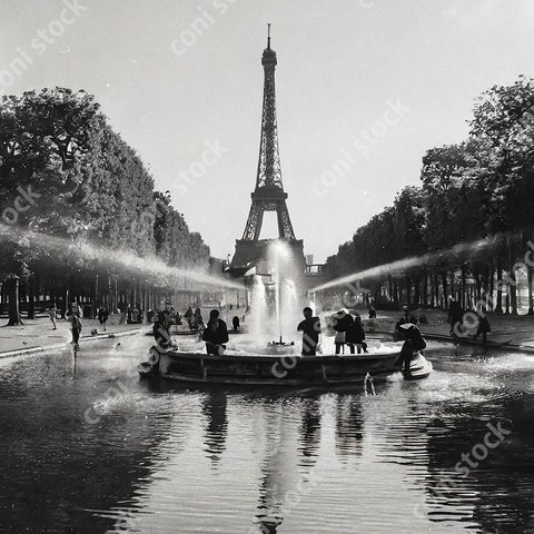 エッフェル塔が見える公園、池の中にある噴水の昔の懐かしい写真、レトロ、モノクロ、アート、古びた写真　conistock_82374