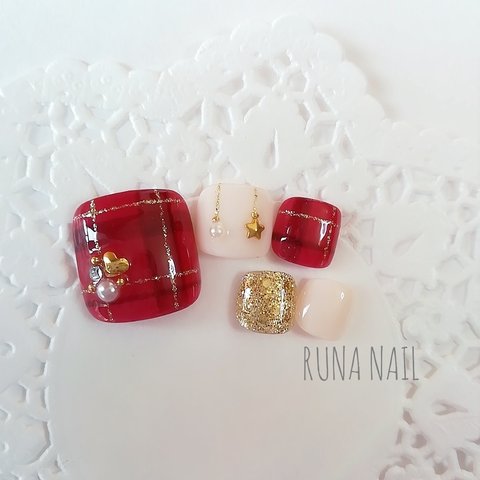 RUNA♪フットネイル♡レッドボルドー冬チェックネイルチップ