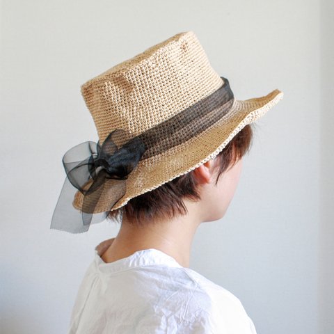 夏を編む帽子　オーガンジーな黒リボン