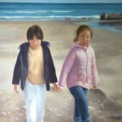 油絵原画　Walking by the seaside（海辺の散歩）