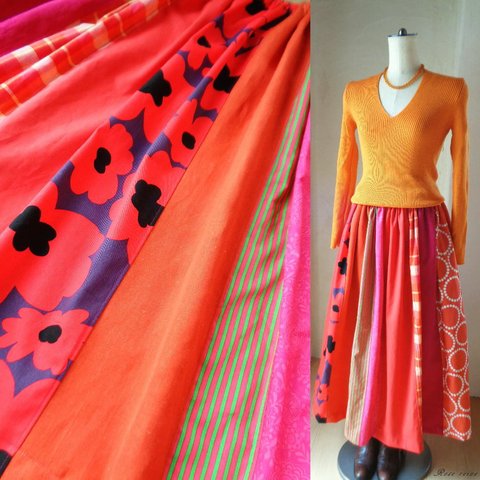 桜祭りセール♥ラス１ 絵画なパッチワーク「 Andy 」縦パッチのたっぷりギャザースカート 