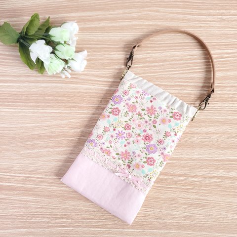 【最終SALE】リボンレースの花柄スマホポーチ＊ピンク