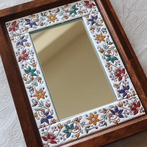 「受注製作」スペインタイルの鏡（２）　木製額入り