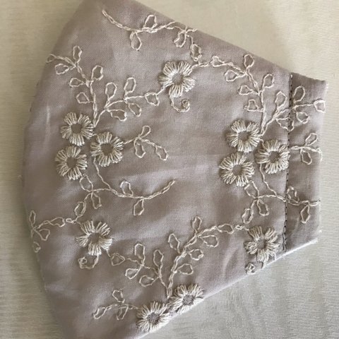 再販　お肌に優しいダブルガーゼ　コットンレース　マスク　お花　刺繍　ピンクベージュ　接触冷感生地に変更も可能