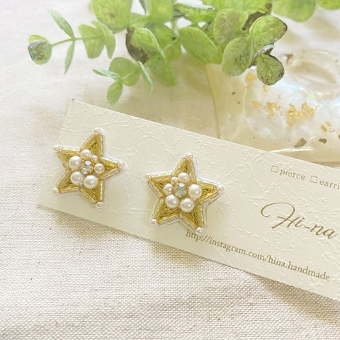 「Star」 輝く星の光 刺繍イヤリング