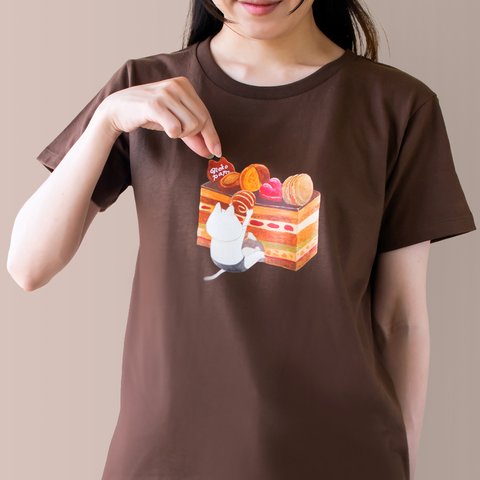 【Lサイズ】オペラケーキとネコぱんのTシャツ ブラウン レディース【短期発送】