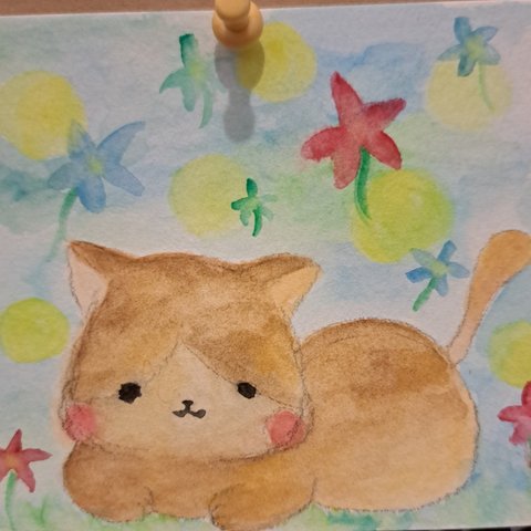 水彩画「ほわほわ猫さん」