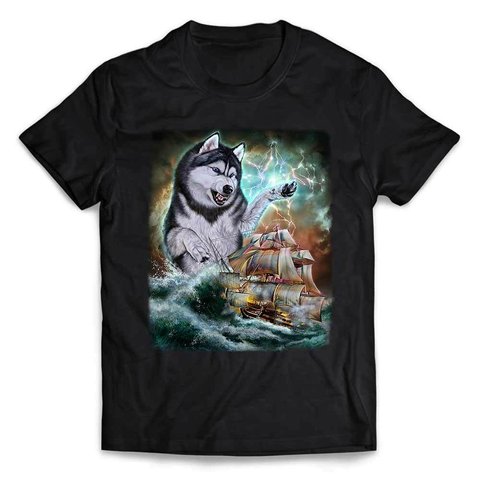 半袖Tシャツ 船を襲う シベリアンハスキー 海 雷 嵐 by FOX REPUBLIC