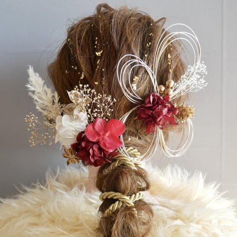 成人式 卒業式 結婚式 髪飾り ドライフラワー　レッドゴールドmixロープ髪飾り（ 金箔付き ）