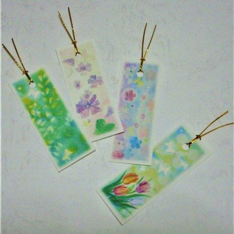 パステルアート春の花栞(しおり)4種類　ミモザ、すみれ、桜、チューリップのブックマーク