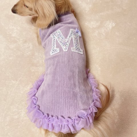 犬服★ アップリケ付きコーデュロイニット　パープル　ダックス　小型犬