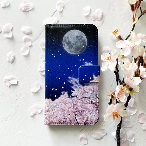 夜桜 手帳型 iPhoneケース スマホケース 月 夜空 iPhone15 iPhone14